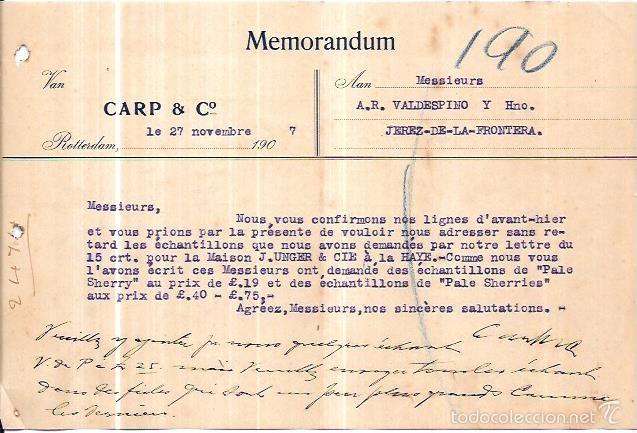 Documentos antiguos: MEMORANDUM. CARP & C&ordm;. ROTTERDAM. 1907 - Foto 1