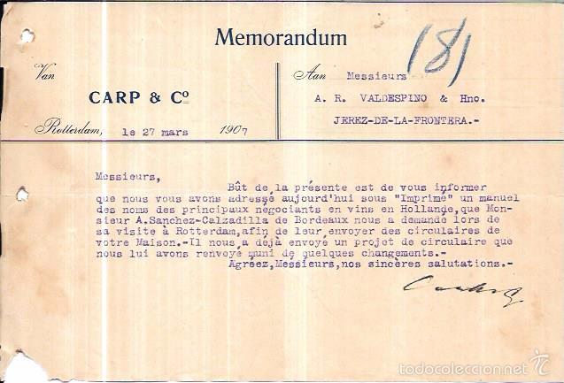Documentos antiguos: MEMORANDUM. CARP & C&ordm;. ROTTERDAM. 1907 - Foto 1