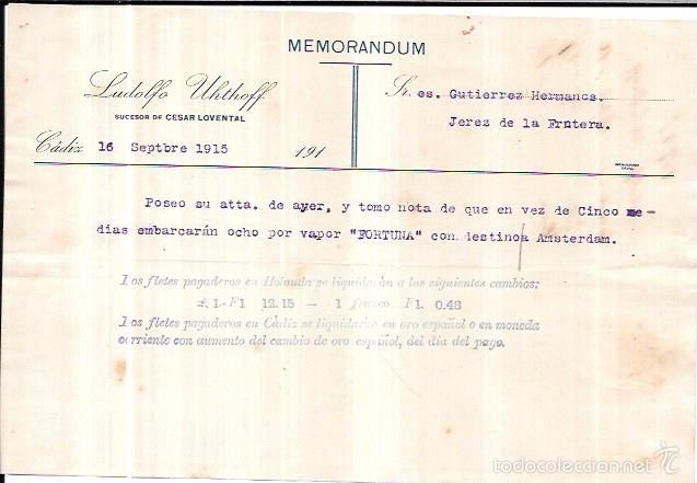 Documentos antiguos: MEMORANDUM. LUDOLFO UHTHOFF. CADIZ. 1915. - Foto 1