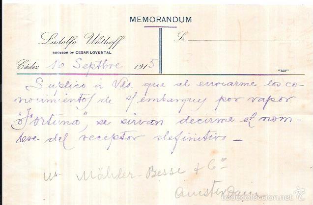 Documentos antiguos: MEMORANDUM. LUDOLFO UHTHOFF. CADIZ. 1915. - Foto 1