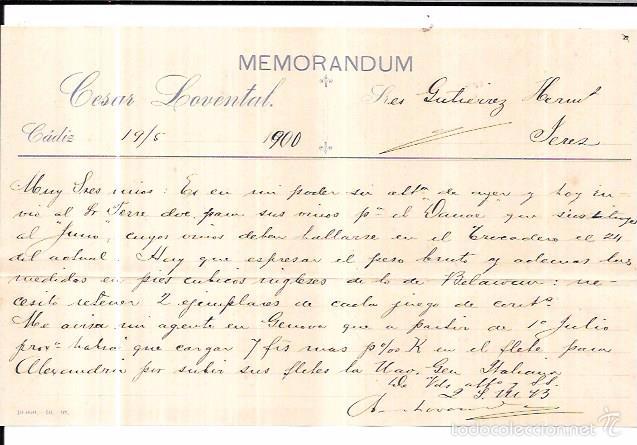 Documentos antiguos: MEMORANDUM. CESAR LOVENTAL. CADIZ. 1900. - Foto 1