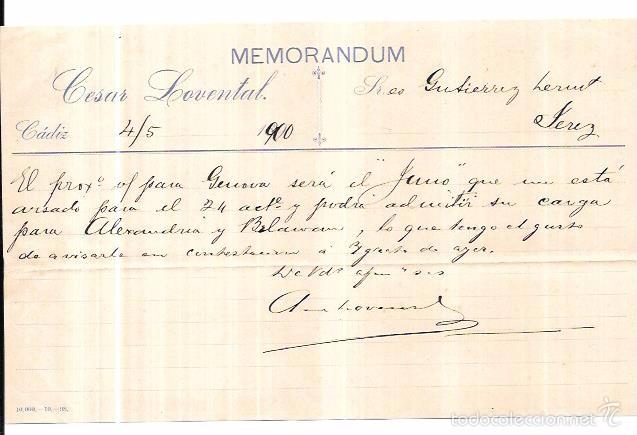 Documentos antiguos: MEMORANDUM. CESAR LOVENTAL. CADIZ. 1900. - Foto 1