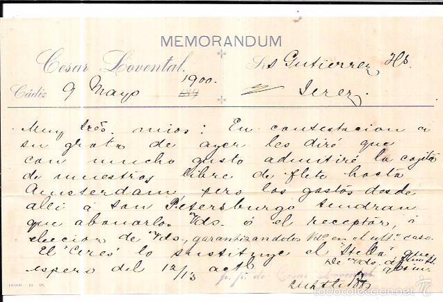 Documentos antiguos: MEMORANDUM. CESAR LOVENTAL. CADIZ. 1900. - Foto 1