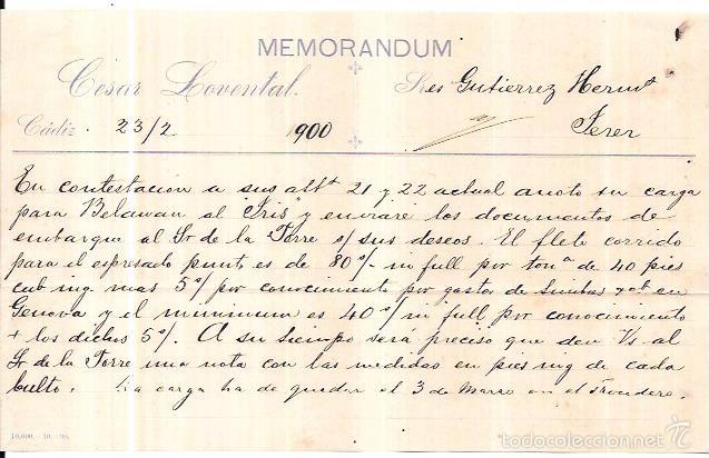 Documentos antiguos: MEMORANDUM. CESAR LOVENTAL. CADIZ. 1900. - Foto 1