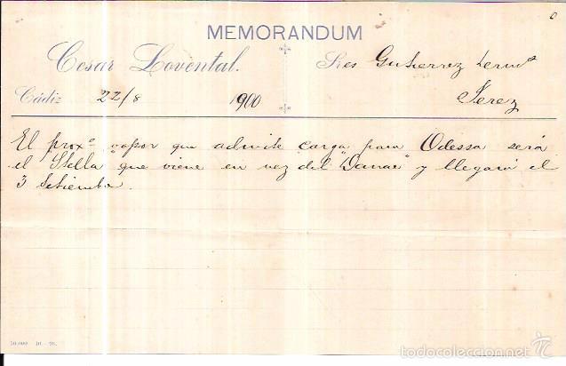 Documentos antiguos: MEMORANDUM. CESAR LOVENTAL. CADIZ. 1900. - Foto 1