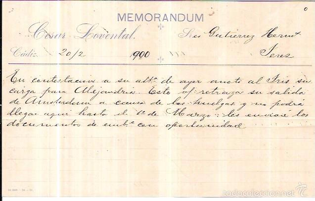 Documentos antiguos: MEMORANDUM. CESAR LOVENTAL. CADIZ. 1900. - Foto 1