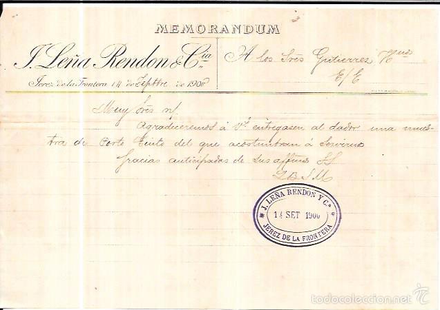 Documentos antiguos: MEMORANDUM. J. LE&Ntilde;A RENDON Y C&ordf;. JEREZ. 1900. - Foto 1