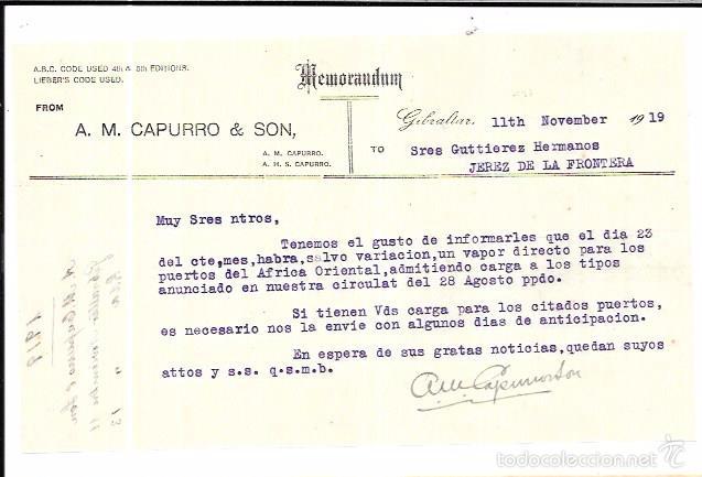 Documentos antiguos: MEMORANDUM. A. M. CAPURRO & SON. GIBRALTAR. 1919. - Foto 1