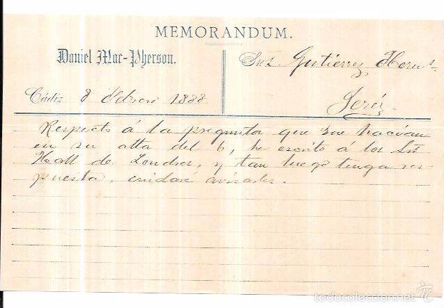 Documentos antiguos: MEMORANDUM. DANIEL MAC-PHERSON. CADIZ. 1888. - Foto 1