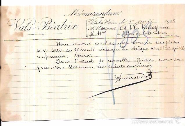 Documentos antiguos: MEMORANDUM. VALS-BEATRIX. VALS LES BAINS. 1903. - Foto 1