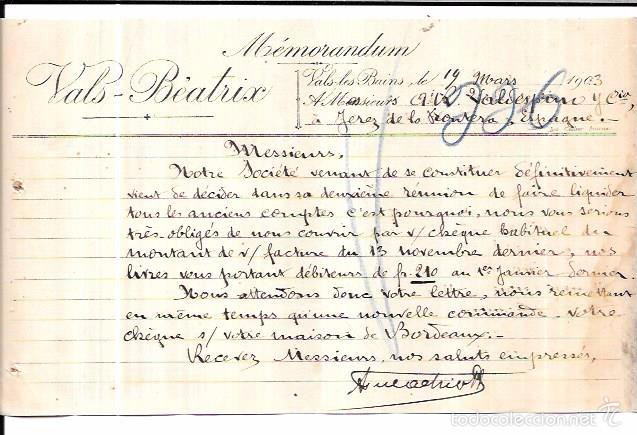Documentos antiguos: MEMORANDUM. VALS-BEATRIX. VALS LES BAINS. 1903. - Foto 1