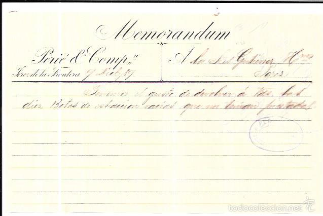 Documentos antiguos: MEMORANDUM. PERI&Eacute; & COMP&ordf;. JEREZ DE LA FRONTERA. 1889. - Foto 1