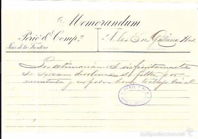 Documentos antiguos: MEMORANDUM. PERI&Eacute; & COMP&ordf;. JEREZ DE LA FRONTERA. 1889. - Foto 1