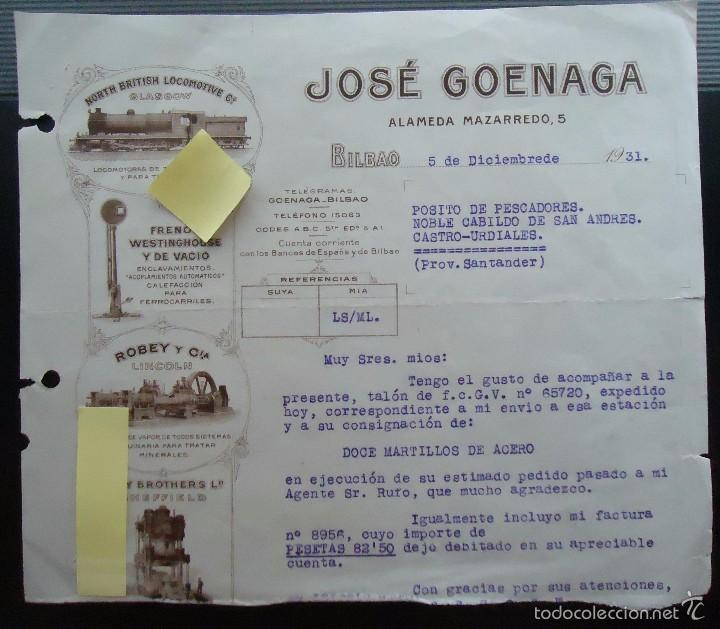 Documentos antiguos: factura carta jose goenaga mazarredo bilbao cofradia pescadores castro urdiales tren locomotora