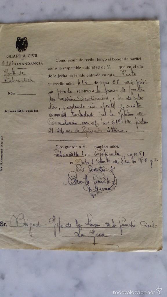 Documents Anciens: acuse de recibo en la comandancia de la guardia civil salsadella (castellon) 1/  9/ 1951