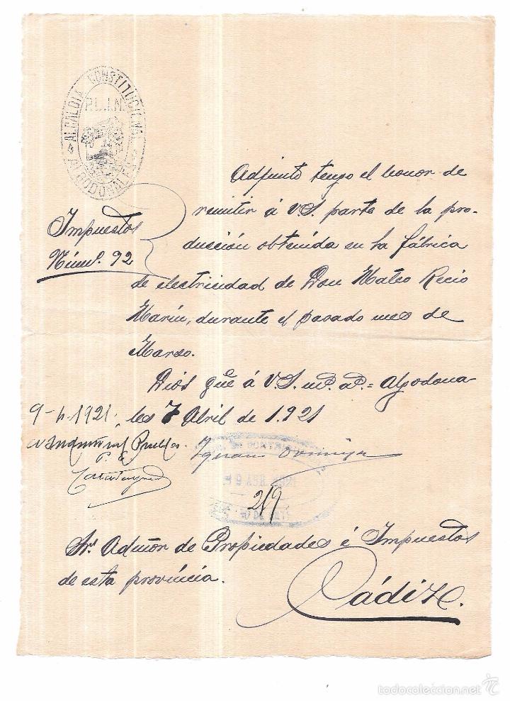 Alte Dokumente: ALGODONALES (CADIZ). ALCALDIA CONSTITUCIONAL. FABRICA MATEO RECIO MARIN. 1921