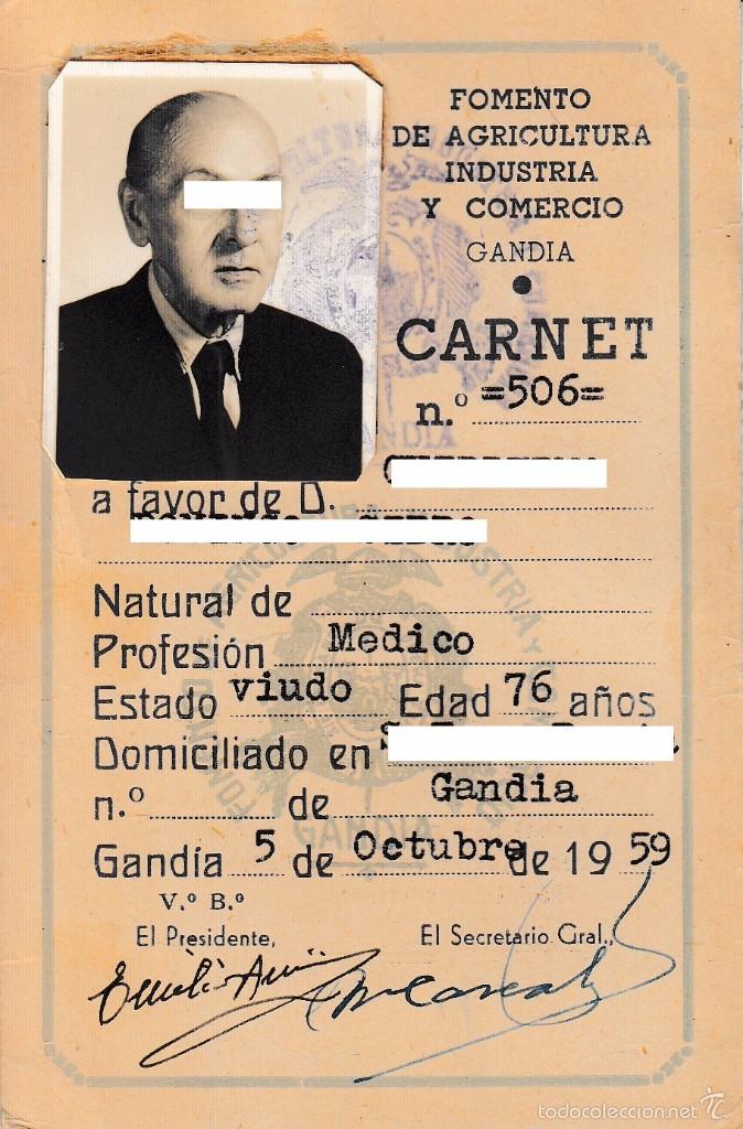 Old Documents: 1959 GANDIA (VALENCIA). CARNET FOMENTO DE AGRICULTURA, INDUSTRIA Y COMERCIO. MEDICO VECINO DE GANDIA