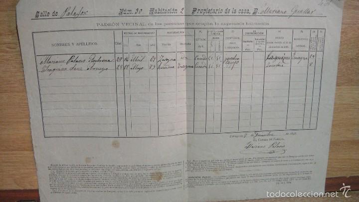 Documentos antiguos: hoja del padron vecinal - zaragoza a&ntilde;o 1898 - Foto 1