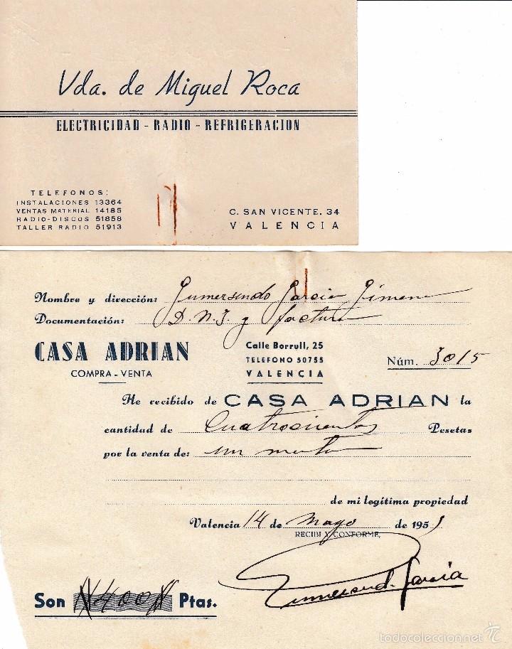 Old Documents: 1955 VALENCIA.RECIBO VENTA UN MOTOR A CASA ADRIAN.  TARJETA COMERCIAL VDA MIGUEL ROCA PAGADO NUMAX