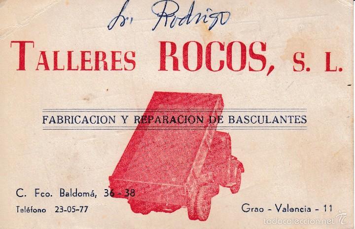 Old Documents: TARJETA COMERCIAL. TALLERES ROCOS. GRAO VALENCIA. FABRICACION Y REPARACION DE BASCULANTES