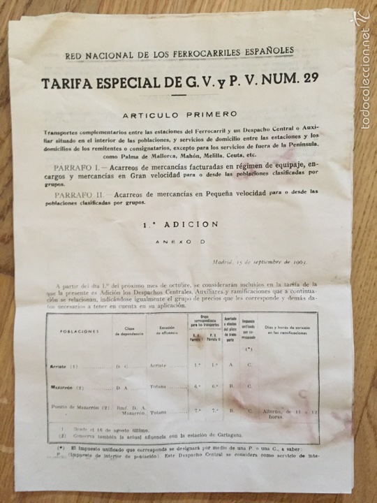 Documentos antiguos: Tarifa especial GV y PV \ Renfe \ Arriate, Mazarr&oacute;n \ 1963