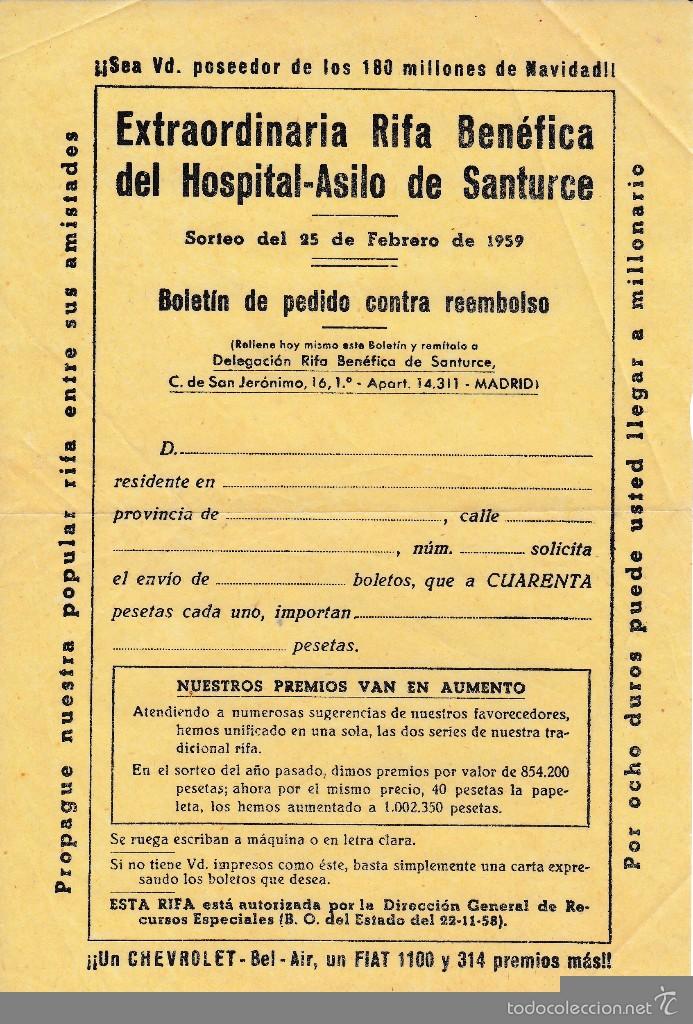 Old Documents: 1959. RIFA BENEFICA HOSPITAL ASILO SANTURCE BOLETIN IMPRESO EN BLANCO DE PEDIDO DE BOLETOS