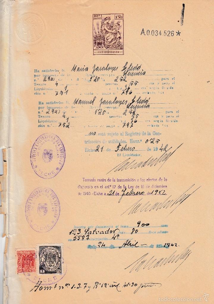 Old Documents: 1941. ELCHE (ALICANTE). FISCAL 10&ordm; 1,5 PTS ADMINISTRACION JUSTICIA ESCRITURA LIQUIDACION FALLECIMIEN