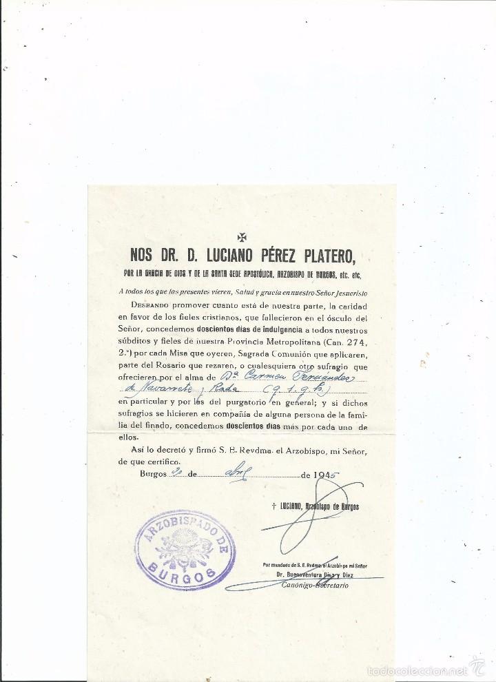 Documentos antiguos: LUCIANO PEREZ PLATERO, ARZOBISPO DE BURGOS - CARTA DE INDULGENCIAS - 22X13,5 - 1945