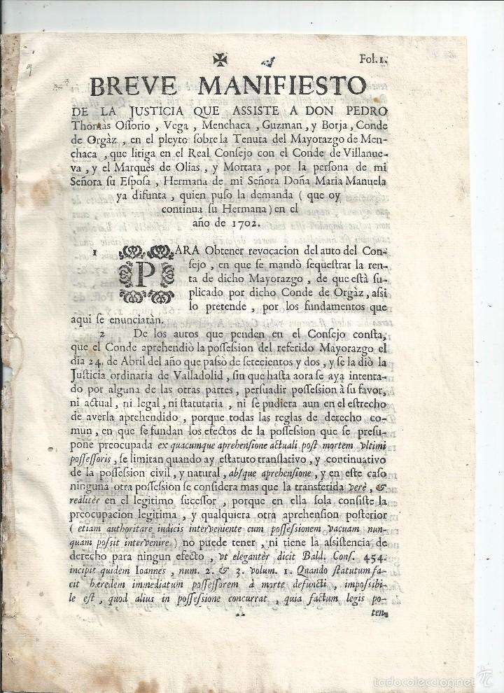 Documentos antiguos: MAYORAZGO DE MENCHACA VIZCAYA BIZKAIA - 1702 - Conde de Orgaz Conde de Villanueva Marqu&eacute;s de Olias