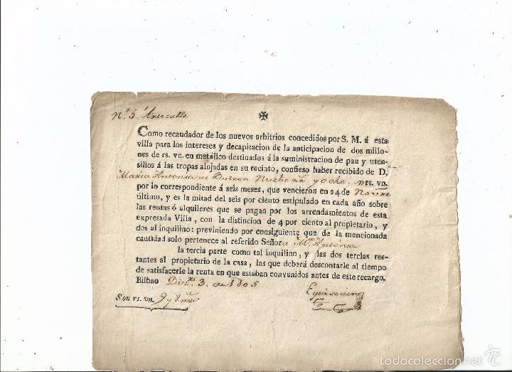 Documentos antiguos: RECIBO DE 1805 PARA SUMINISTROS A LAS TROPAS ALOJADAS EN BILBAO VIZCAYA