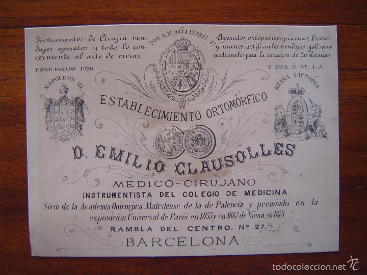 Documentos antiguos: TARJETA - EMILIO CLAUSOLLES - MEDICO / CIRUJANO - ESTABLECIMIENTO ORTOMORFICO - Siglo XIX ( 1890 )