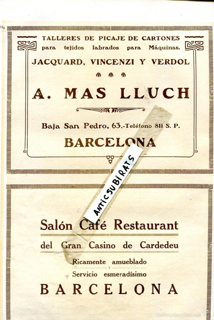 Documentos antiguos: HOJA SUELTA PUBLICIDAD 1926 PICAJE DE CARTONES A. MAS LLUCH SALON CAFE GRAN CASINO DE CARDEDEU