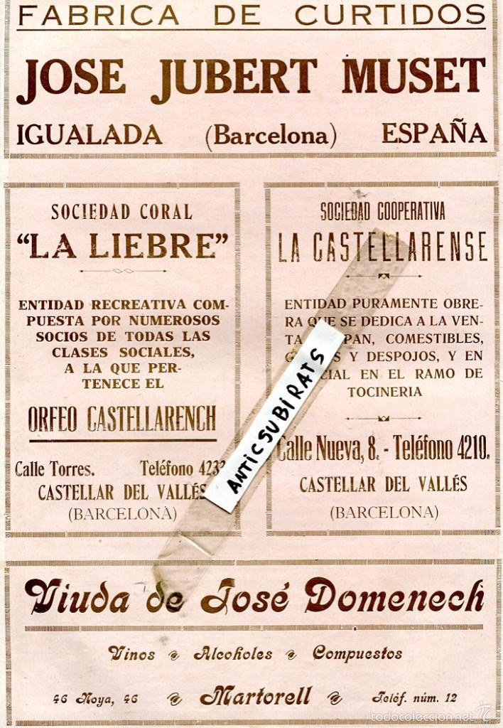 Old Documents: RECORTE PUBLICIDAD 1926 SOCIEDAD CORAL LA LIEBRE LA CASTELLARENSE ORFEO CASTELLAR DEL VALLES
