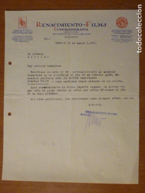 Documentos antiguos: CARTA DE RENACIMIENTO FILMS POR LA PUBLICIDAD DE LA  PELICULA ALMA DE GAUCHO. 16 DE MARZO DE 1933.