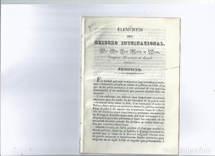 Documentos antiguos: ELEMENTOS DEL DERECHO INTERNACIONAL. JOS&Eacute; MAR&Iacute;A DE PANDO. PROSPECTO. CADIZ 1838