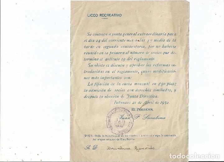 Documentos antiguos: LICEO RECREATIVO DE BETANZOS JUNTA GENERAL ADMISI&Oacute;N DE SOCIOS JUAN P. SERRABONA 1932