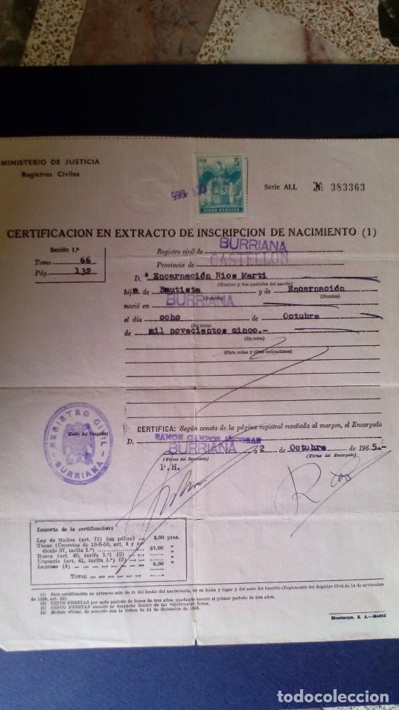 Documents Anciens: CERTIFICADO DEL ACTA DE NACIMIENTO EN BURRIANA (CASTELLON 1965