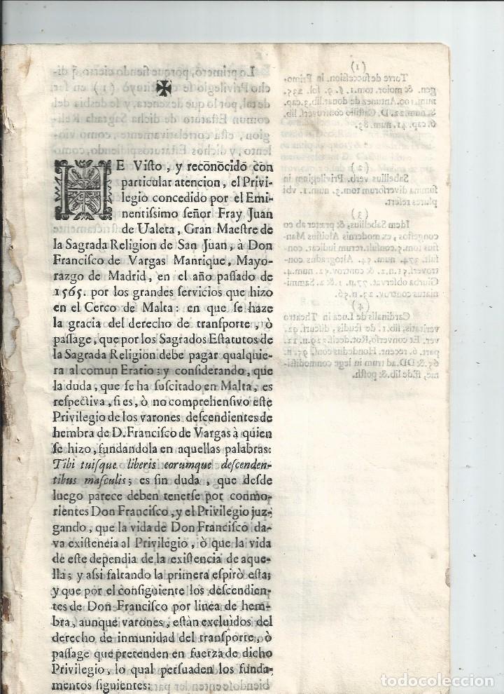 Documentos antiguos: ORDEN DE MALTA. 1710. MEMORIAL SOBRE EL DERECHO DE TRANSPORTE O PASSAGE. OBRA DESCONOCIDA