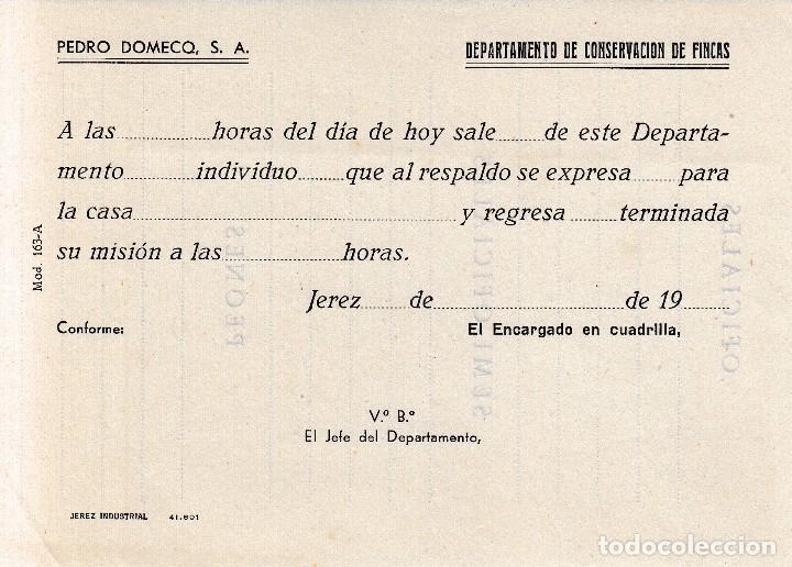 Old Documents: JEREZ DE LA FRONTERA (CADIZ). RECIBO PEDRO DOMECQ DEPARTAMENTO DE CONSERVACON DE FINCAS. SIN USAR