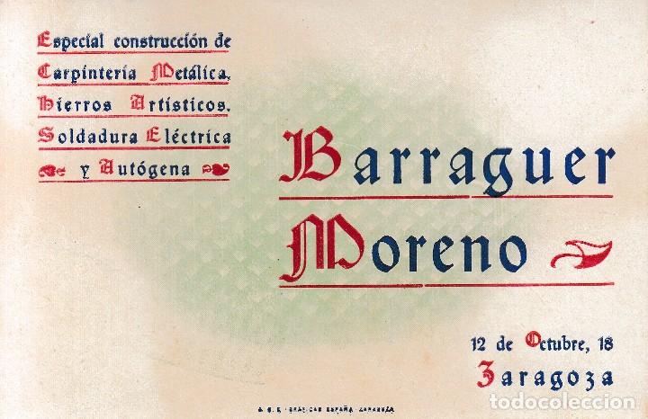 Old Documents: ZARAGOZA. TARJETA COMERCIAL BARRAGUER MORENO, CARPINTERIA METALICA, SOLDADURA ELECTRICA Y AUTOGENA