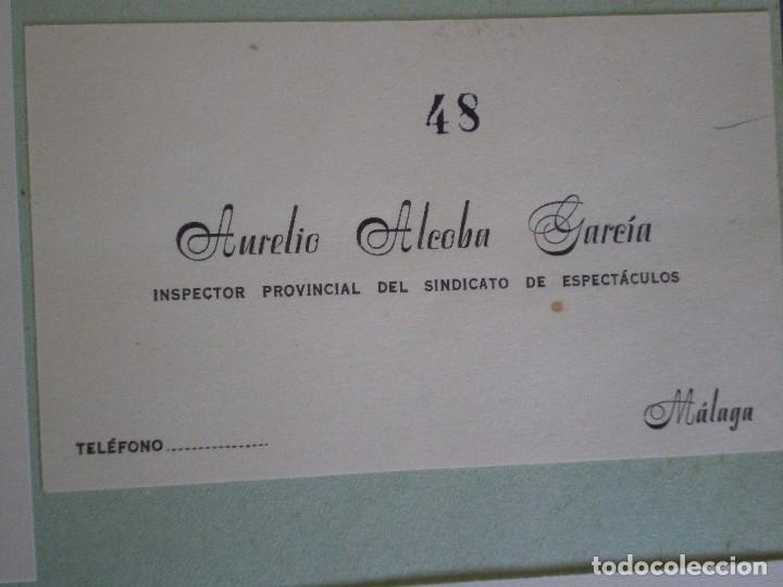 Old Documents: MALAGA. TARJETA AURELIO ALCOBA GARCIA INSPECTOR PROVINCIAL DEL SINDICATO DE ESPECTACULOS