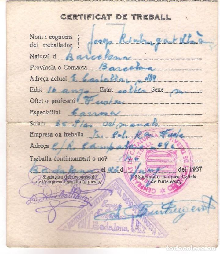 Documentos antiguos: CARNET CERTIFICAT DE TREBALL 1937. - Foto 2