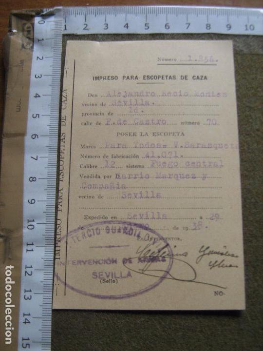 Documentos antiguos: IMPRESO PARA ESCOPETAS DE CAZA - TERCIO GUARDIA CIVIL - INTERVENCION DE ARMAS - SEVILLA 1938