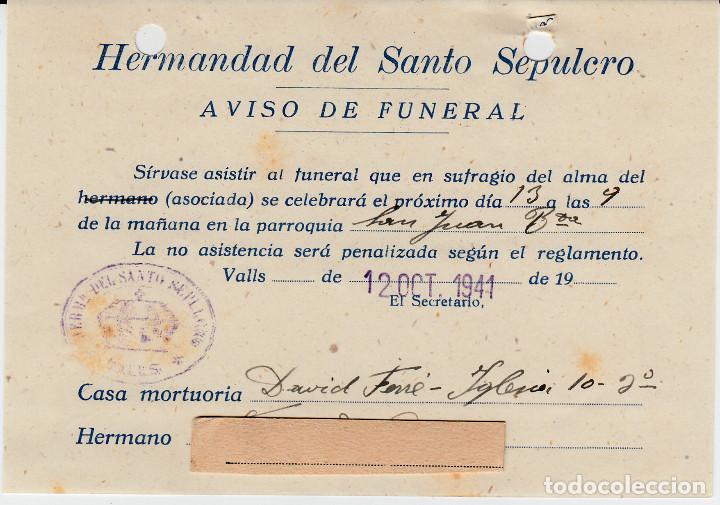 Documentos antiguos: AVISO DE LA HERMANDAD DEL SANTO SEPULCRO EN VALLS - AVISO DE FUNERAL - 1941