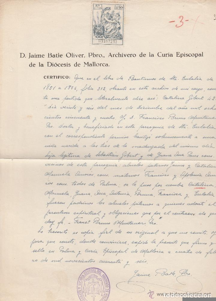 Documentos antiguos: ANTIGUO DOCUMENTO DEL ARCHIVERO DE LA CURIA EPISCOPAL DE LA DIOCESIS DE MALLORCA. 1946 - Foto 1