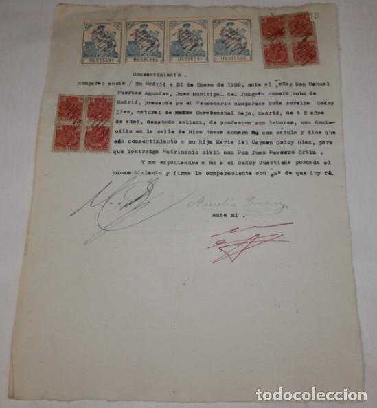 Documentos antiguos: ACTA CONSENTIMIENTO MATRIMONIO CIVIL DURANTE LA GUERRA CIVIL, MADRID 21 ENERO 1939, SELLOS TIMBRE