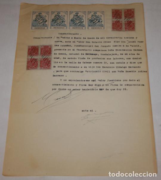 Documentos antiguos: ACTA CONSENTIMIENTO MATRIMONIO CIVIL DURANTE LA GUERRA CIVIL, MADRID 9 ENERO 1939, SELLOS TIMBRE