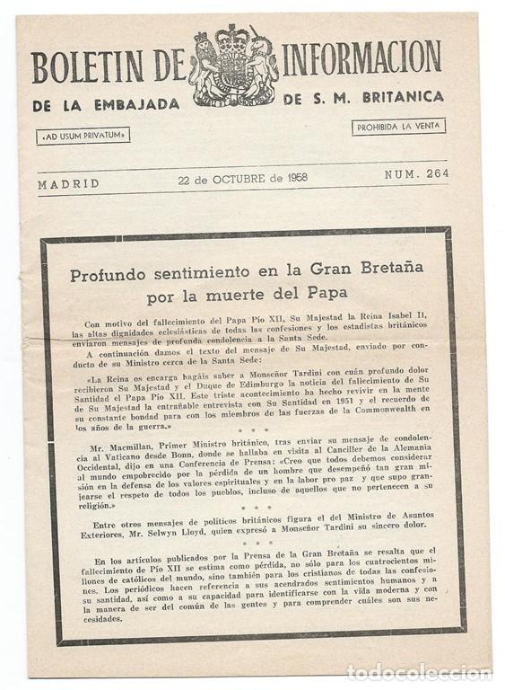 Documentos antiguos: Bolet&iacute;n de informaci&oacute;n de la embajada de S. M. Brit&aacute;nica de 1958 expresando el sentimiento por la mu