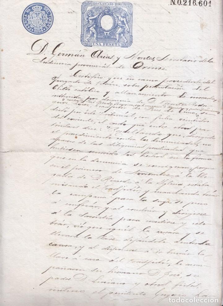 Documents Anciens: CERTIFICADO AUDIENCIA ORENSE VER&Iacute;N. PERTURBACI&Oacute;N CULTO CAT&Oacute;LICO IGLESIA FECES DE CIMA. 1894. GALICIA