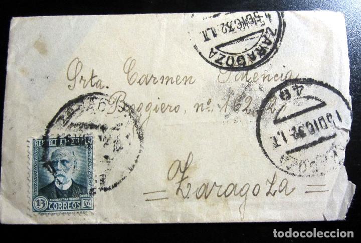 Documentos antiguos: SOBRE CIRCULADO PEQUE&Ntilde;O TAMA&Ntilde;O ZARAGOZA 1931 SELLO NICOLAS SALMERON REPUBLICA